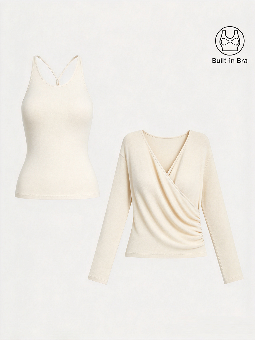 LiteWarm Two-Piece Set Cami with Surplice Ruched Built-In Bra Top