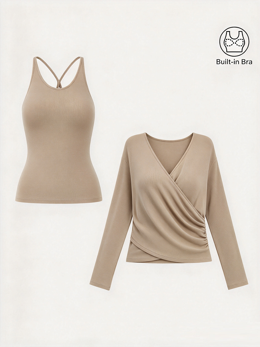 LiteWarm Two-Piece Set Cami with Surplice Ruched Built-In Bra Top