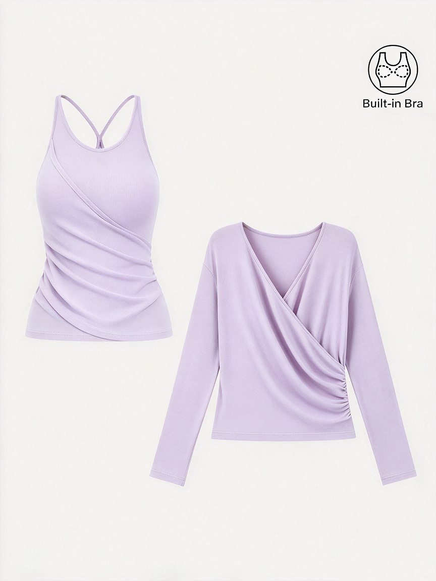 LiteWarm Two-Piece Set Cami with Surplice Ruched Built-In Bra Top