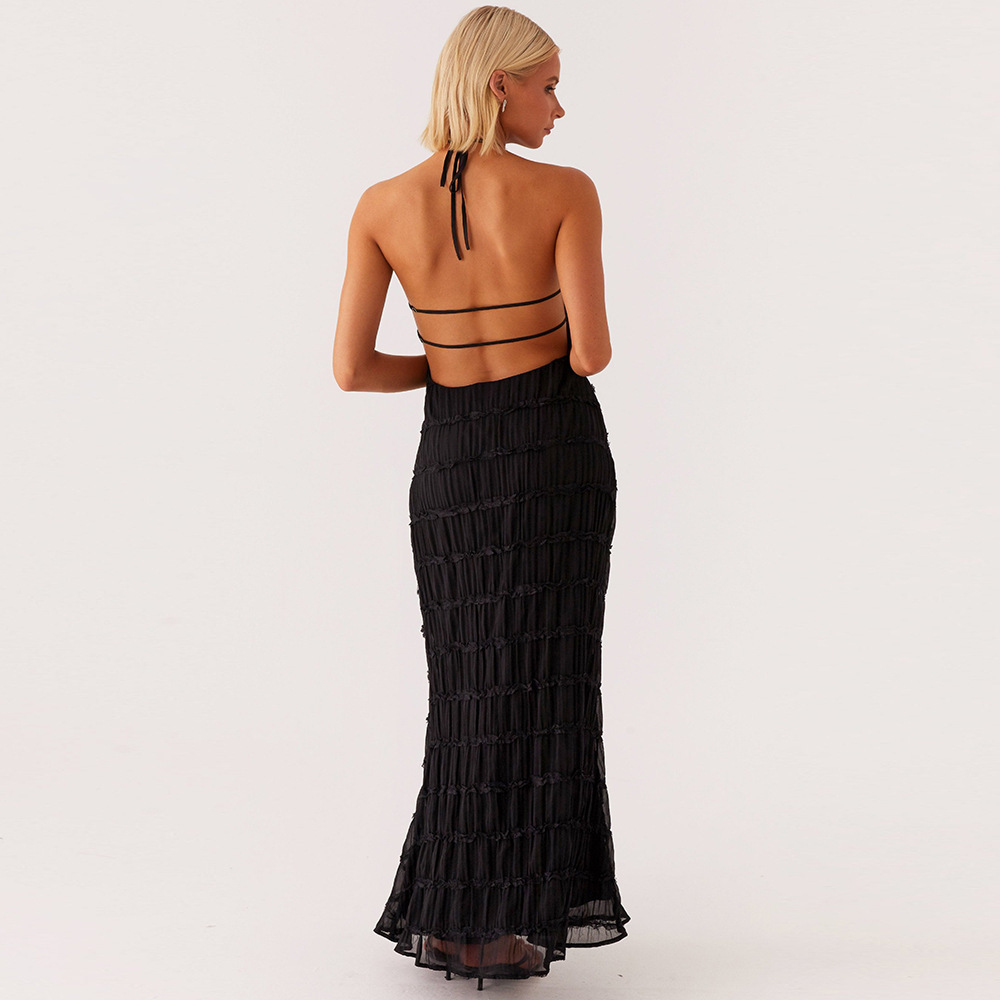 Backless pleated tie-up ruffle dress