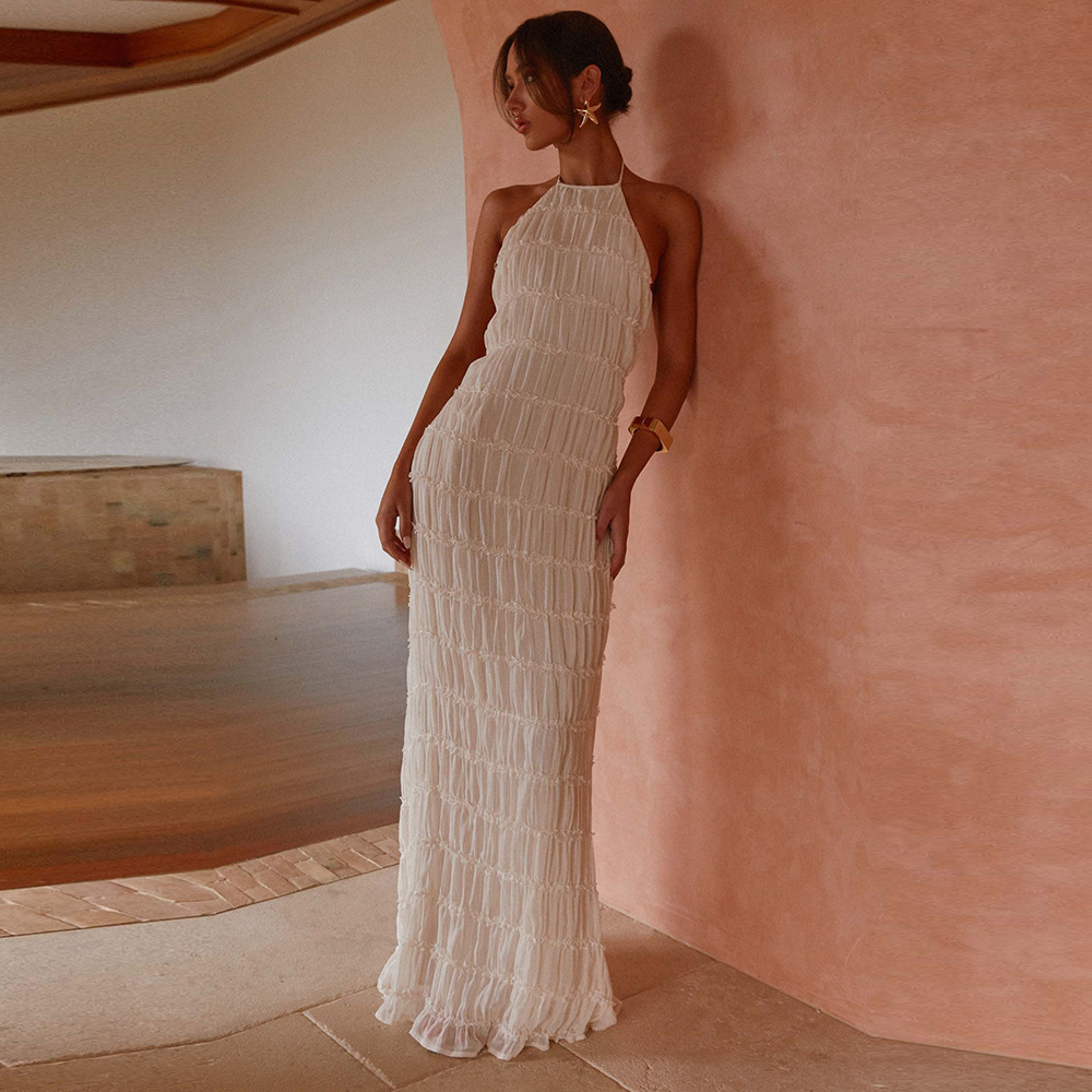 Backless pleated tie-up ruffle dress