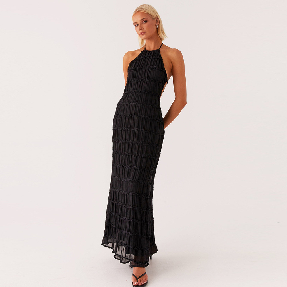 Backless pleated tie-up ruffle dress