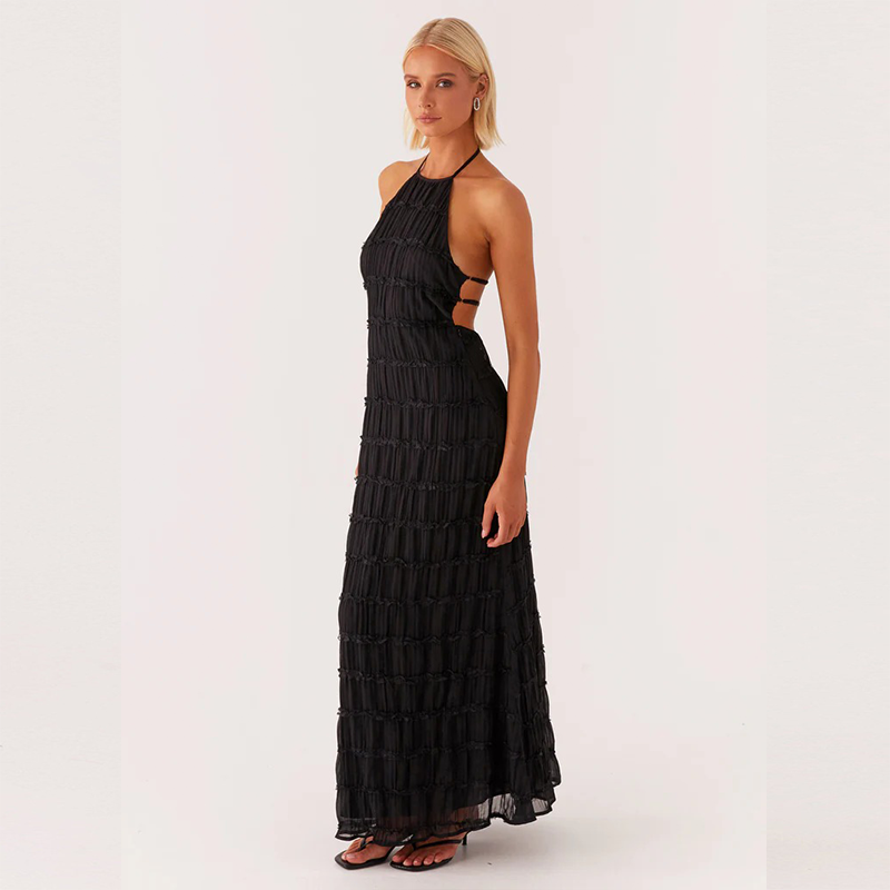 Backless pleated tie-up ruffle dress