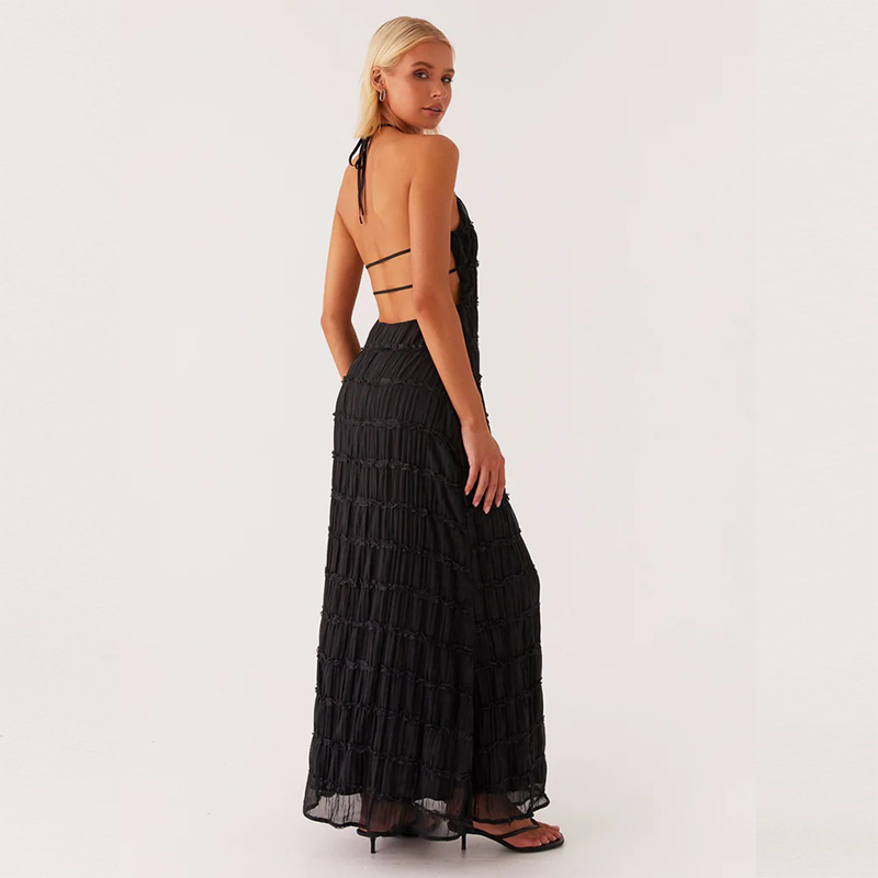 Backless pleated tie-up ruffle dress