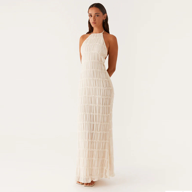 Backless pleated tie-up ruffle dress
