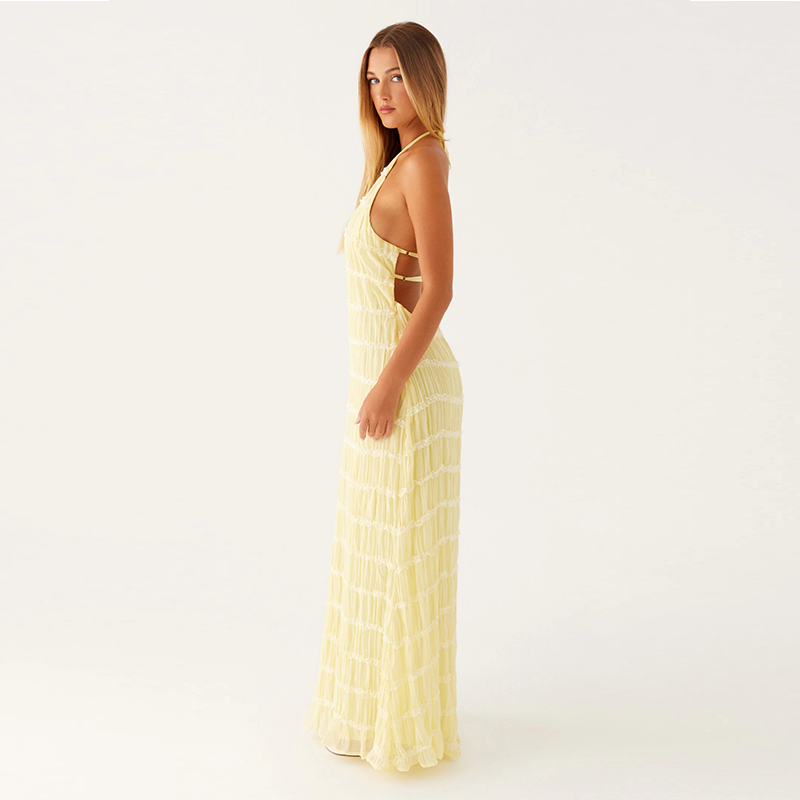 Backless pleated tie-up ruffle dress