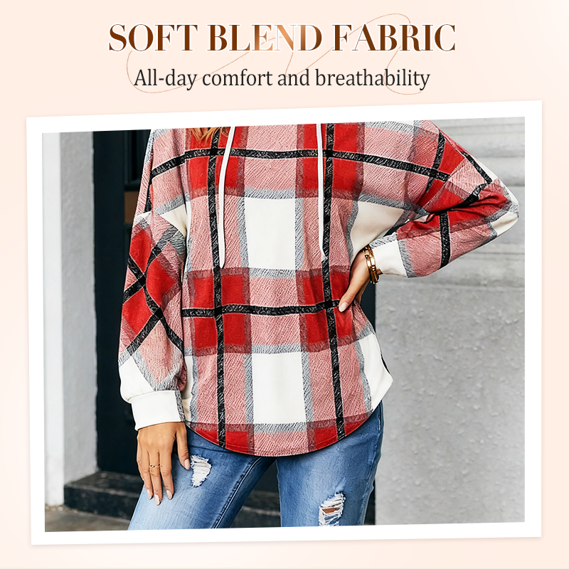 💖2026 Autumn’s Sale 70% OFF✨🍂Easy Everyday Comfort | Women's Plaid Hooded Drawstring V-Neck Shirt