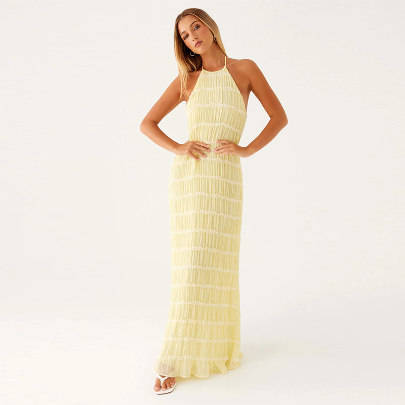 Backless pleated tie-up ruffle dress