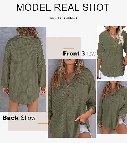 🍂Women’s Oversized Waffle Shirts Tops Button V Neck Long Sleeve Blouses