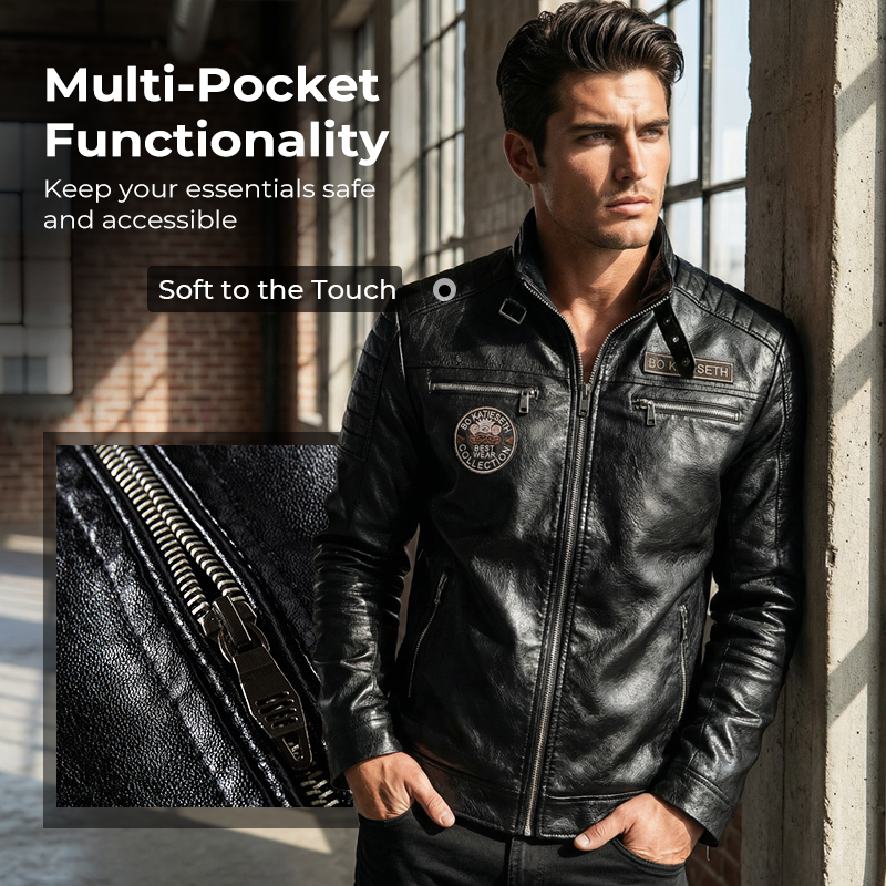 VINTAGE BIKER DESIGN - Men's Lined Faux Leather Biker Jacket