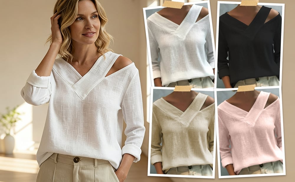The Linen-Cotton Drape: Stylish V-Neck Off-The-Shoulder Top