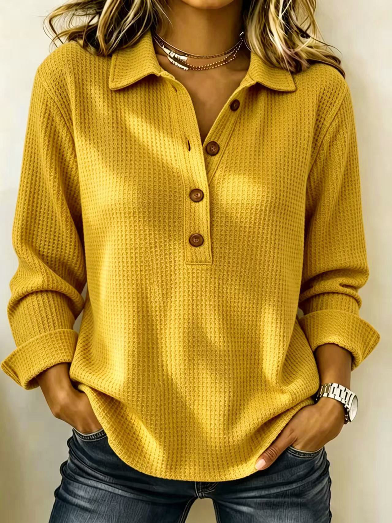 🍂Women’s Oversized Waffle Shirts Tops Button V Neck Long Sleeve Blouses