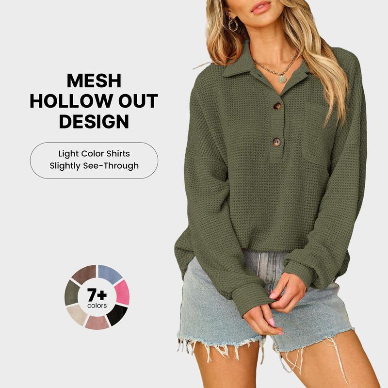 🍂Women’s Oversized Waffle Shirts Tops Button V Neck Long Sleeve Blouses