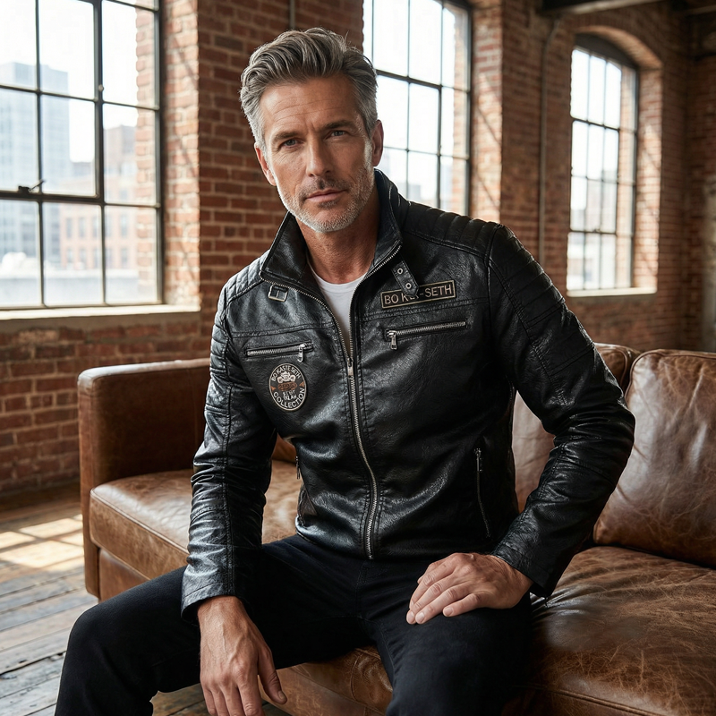 VINTAGE BIKER DESIGN - Men's Lined Faux Leather Biker Jacket