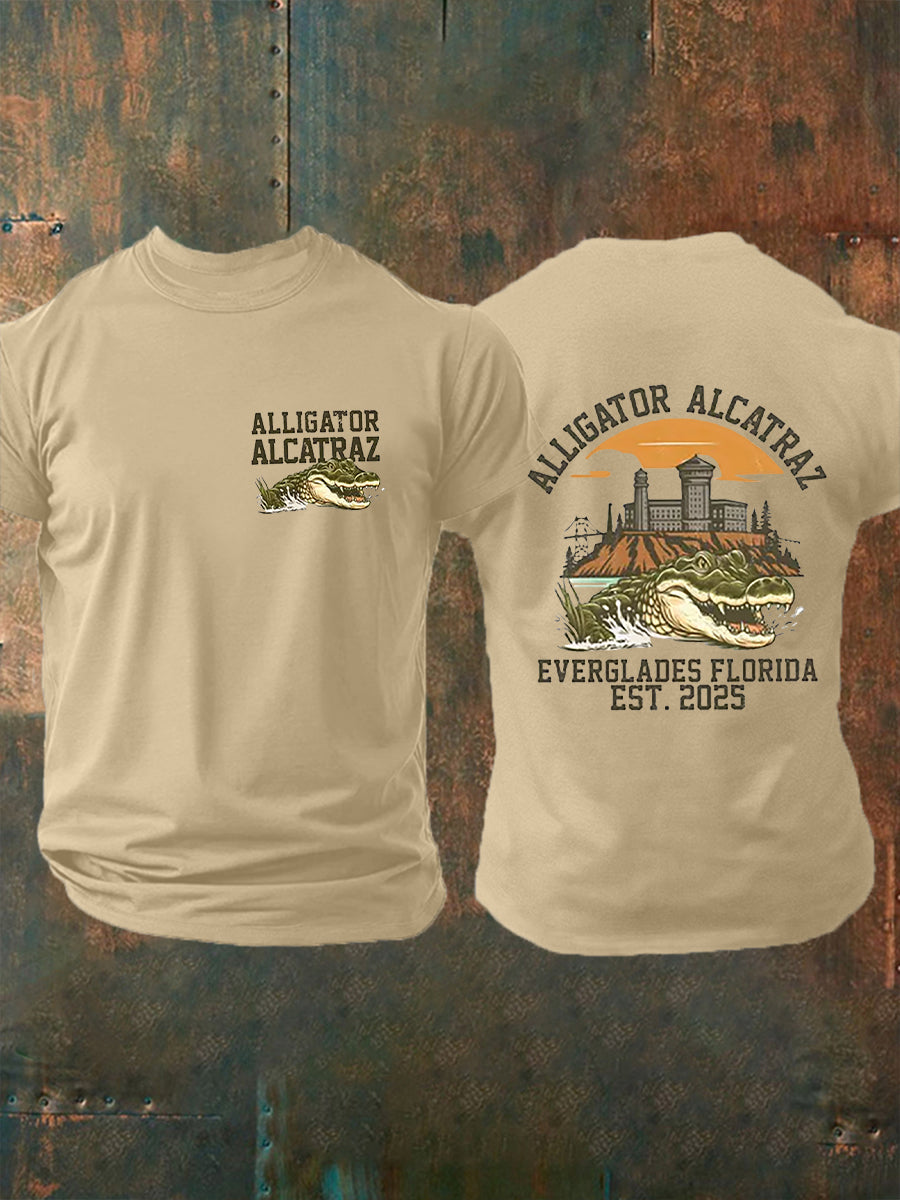 Men's Retro Alligator Alcatraz Funny Florida Everglades Dark Humor Short Sleeve Tee