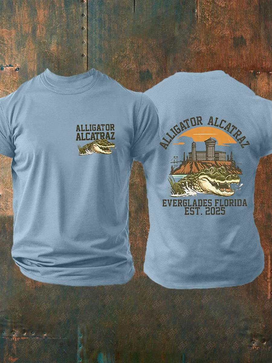 Men's Retro Alligator Alcatraz Funny Florida Everglades Dark Humor Short Sleeve Tee
