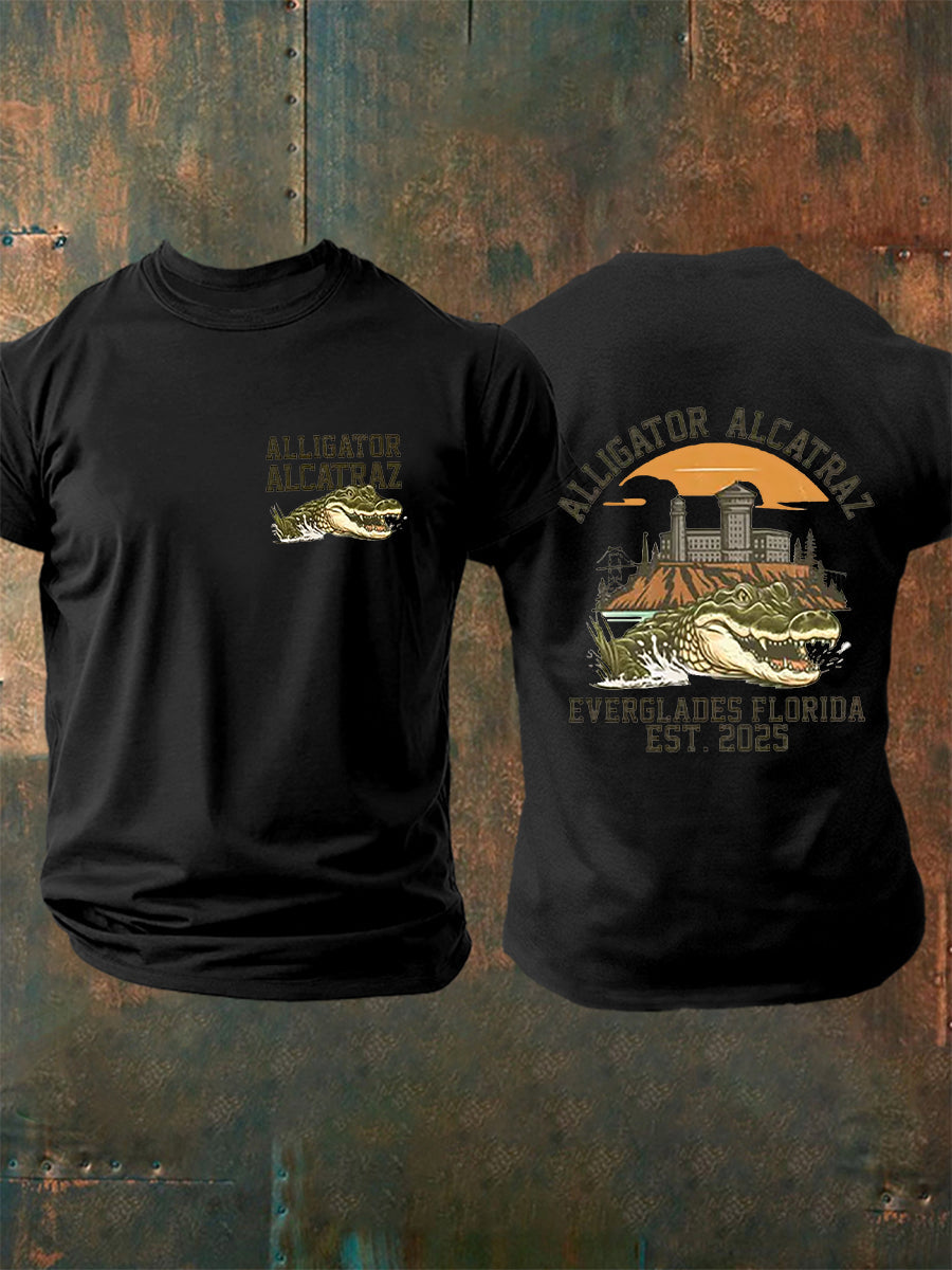 Men's Retro Alligator Alcatraz Funny Florida Everglades Dark Humor Short Sleeve Tee