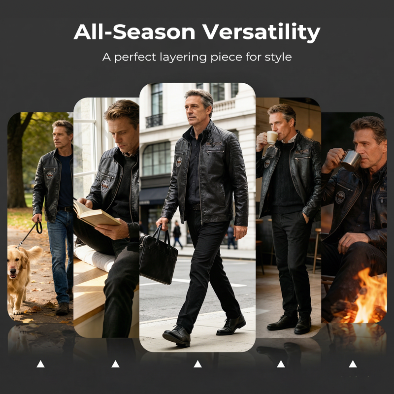 VINTAGE BIKER DESIGN - Men's Lined Faux Leather Biker Jacket