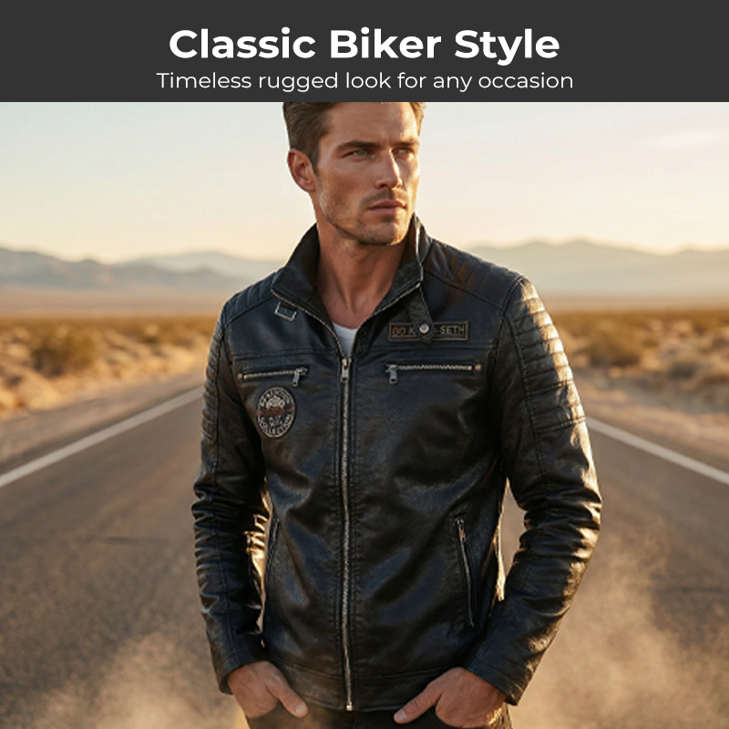 VINTAGE BIKER DESIGN - Men's Lined Faux Leather Biker Jacket