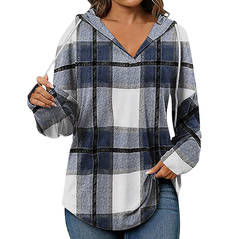 💖2026 Autumn’s Sale 70% OFF✨🍂Easy Everyday Comfort | Women's Plaid Hooded Drawstring V-Neck Shirt