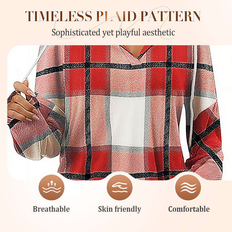 💖2026 Autumn’s Sale 70% OFF✨🍂Easy Everyday Comfort | Women's Plaid Hooded Drawstring V-Neck Shirt