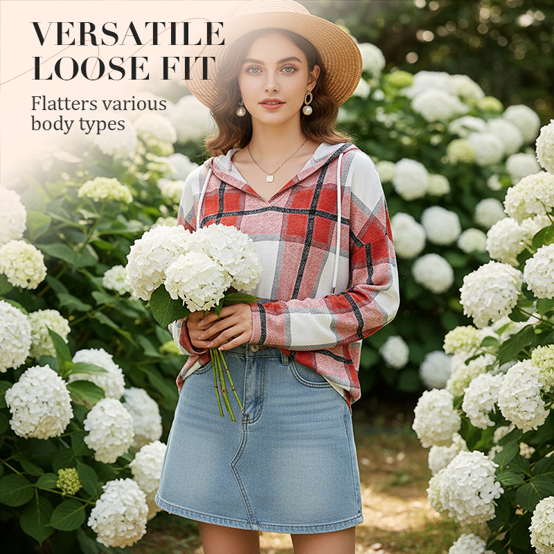 💖2026 Autumn’s Sale 70% OFF✨🍂Easy Everyday Comfort | Women's Plaid Hooded Drawstring V-Neck Shirt