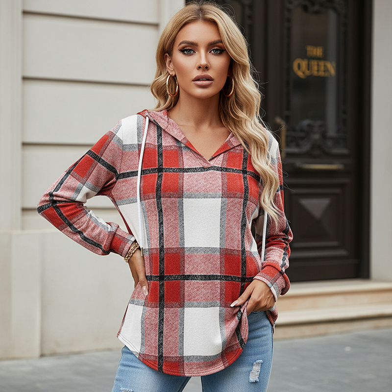 💖2026 Autumn’s Sale 70% OFF✨🍂Easy Everyday Comfort | Women's Plaid Hooded Drawstring V-Neck Shirt