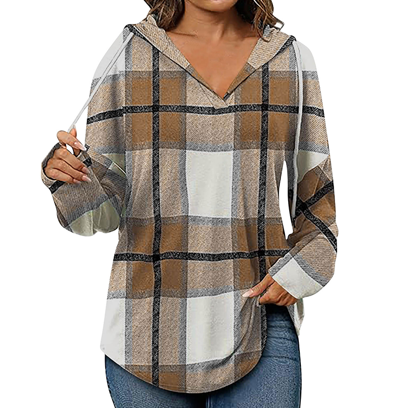 💖2026 Autumn’s Sale 70% OFF✨🍂Easy Everyday Comfort | Women's Plaid Hooded Drawstring V-Neck Shirt