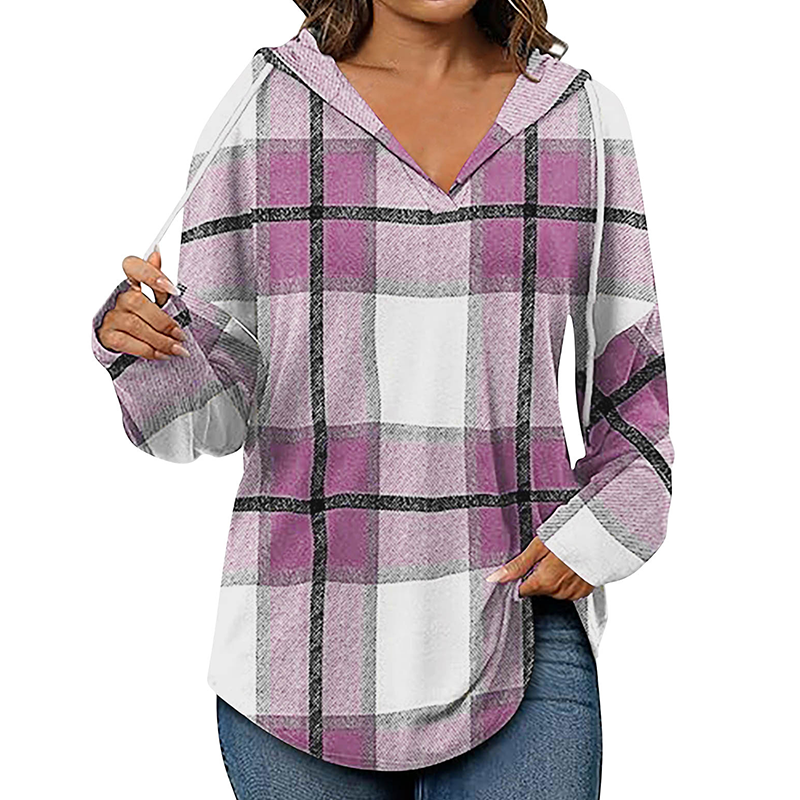 💖2026 Autumn’s Sale 70% OFF✨🍂Easy Everyday Comfort | Women's Plaid Hooded Drawstring V-Neck Shirt