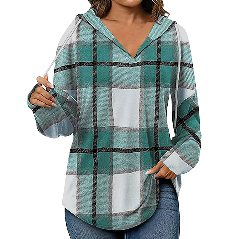 💖2026 Autumn’s Sale 70% OFF✨🍂Easy Everyday Comfort | Women's Plaid Hooded Drawstring V-Neck Shirt