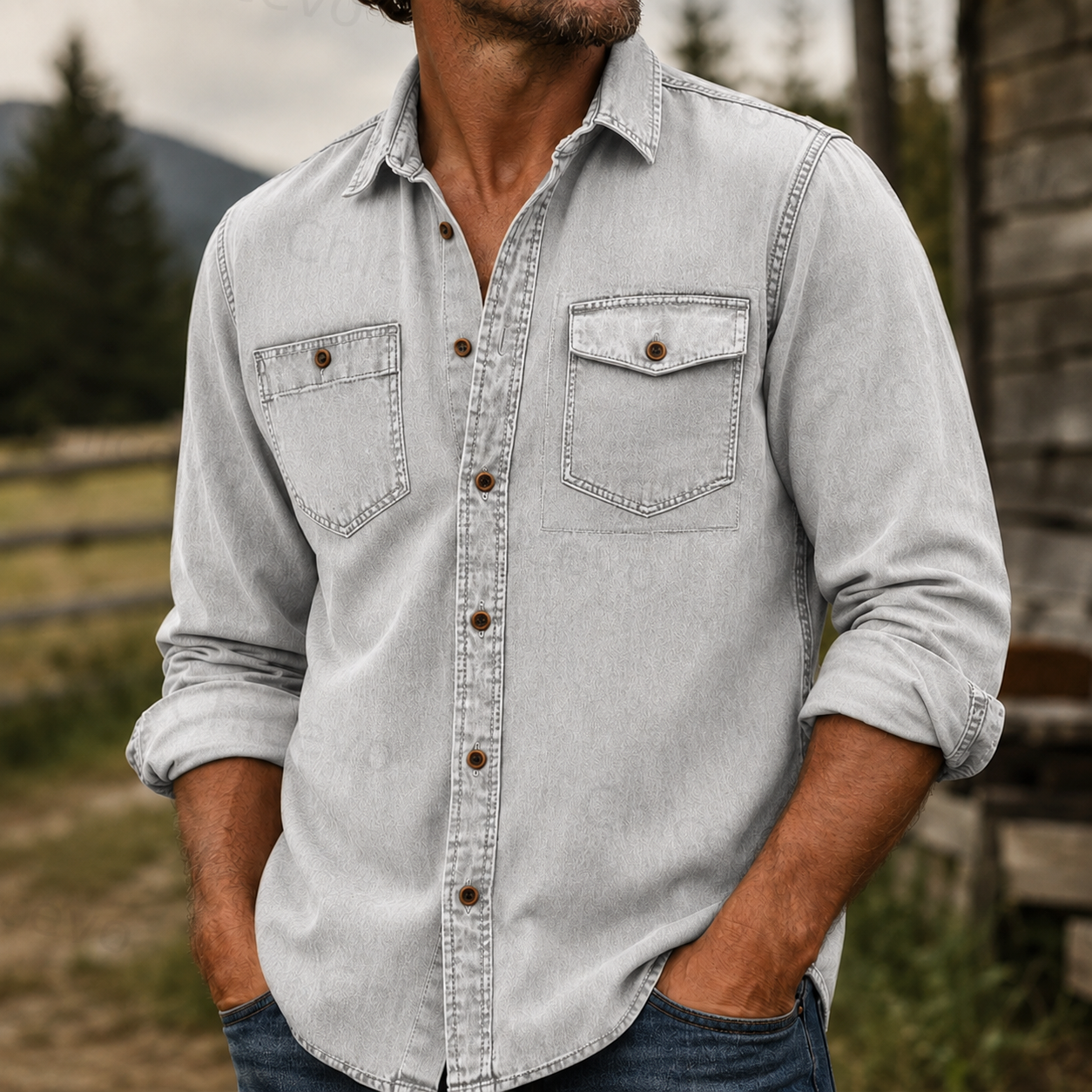 Rugged Vintage Textured Shirt Men's Casual Outdoor Button Up Long Sleeve