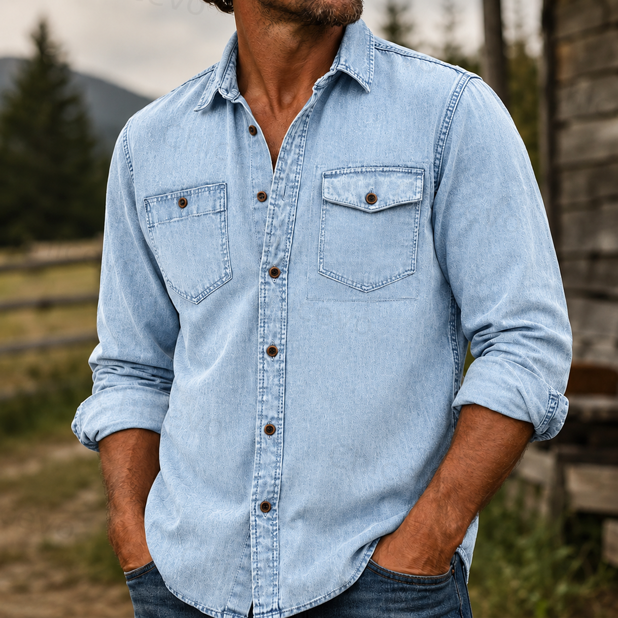 Rugged Vintage Textured Shirt Men's Casual Outdoor Button Up Long Sleeve