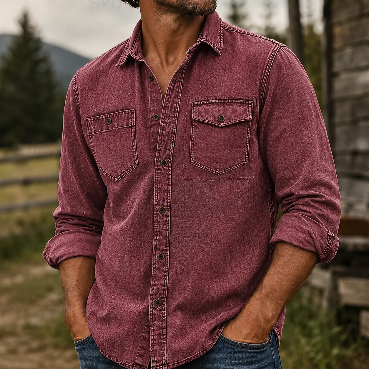 Rugged Vintage Textured Shirt Men's Casual Outdoor Button Up Long Sleeve