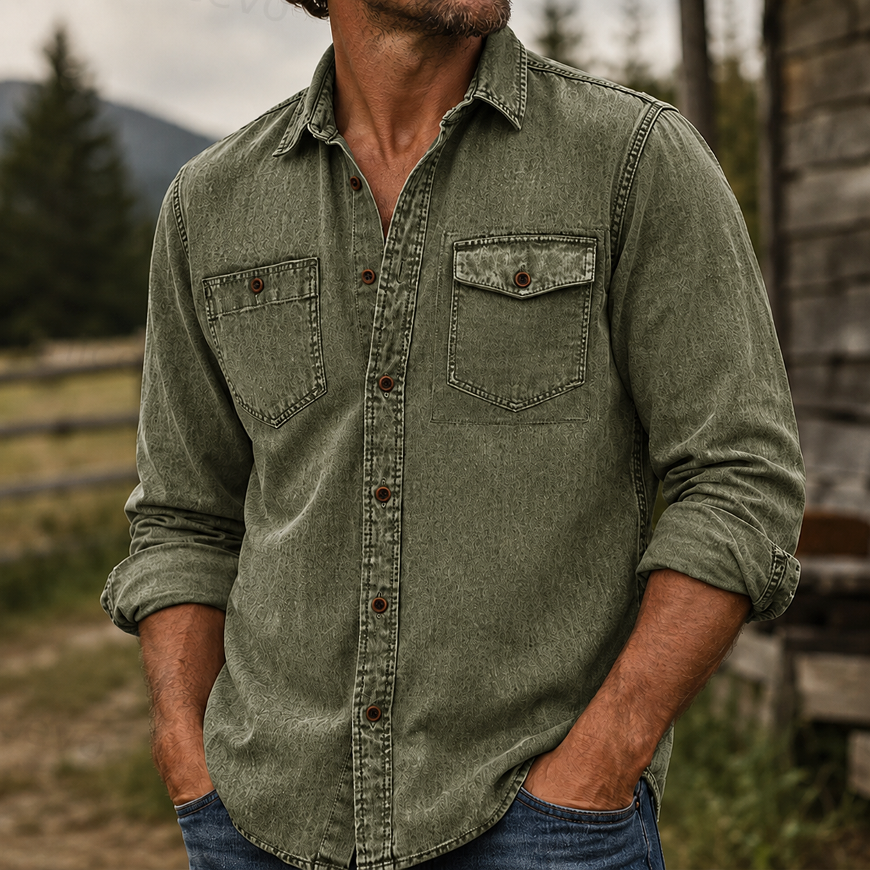 Rugged Vintage Textured Shirt Men's Casual Outdoor Button Up Long Sleeve