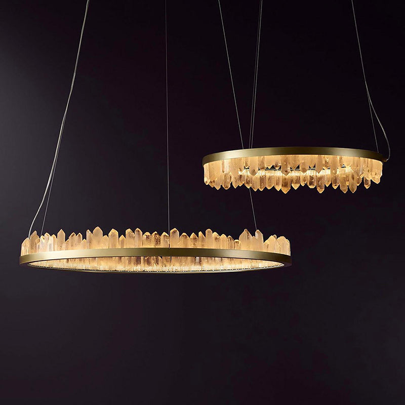 36 Inch Round Modern Chandelier Brass & Clear Geode Quartz Crystal Hanging Light