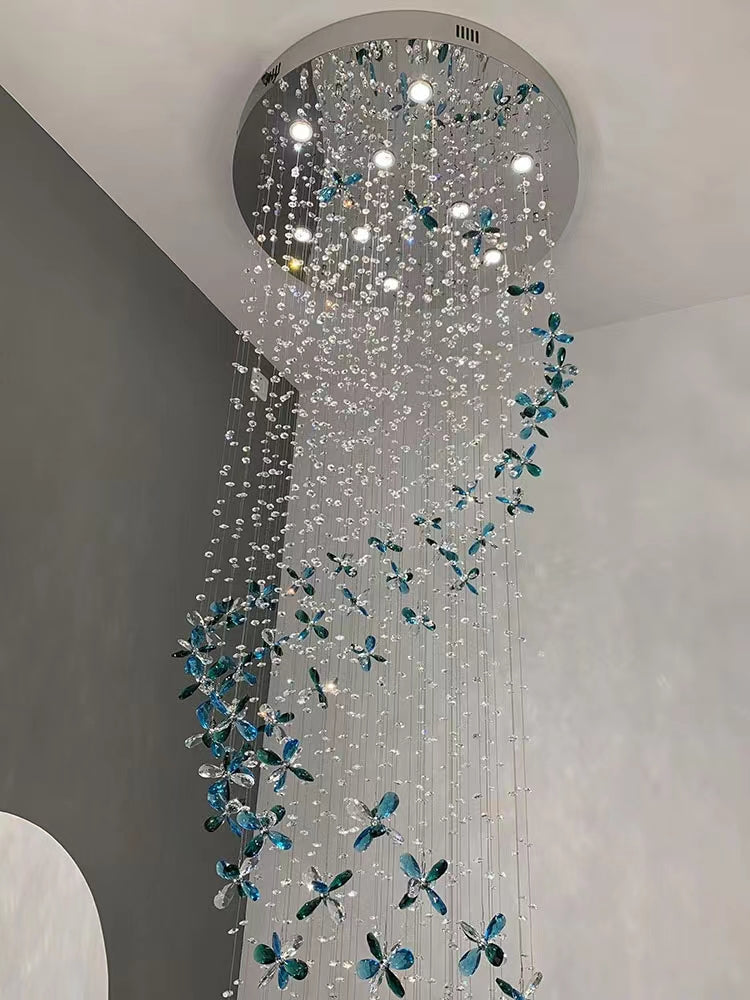 Extra Large Flower Petal Crystal Pendant Long Cascade Spiral Chandelier for Staircase