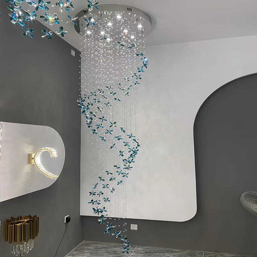 Extra Large Flower Petal Crystal Pendant Long Cascade Spiral Chandelier for Staircase