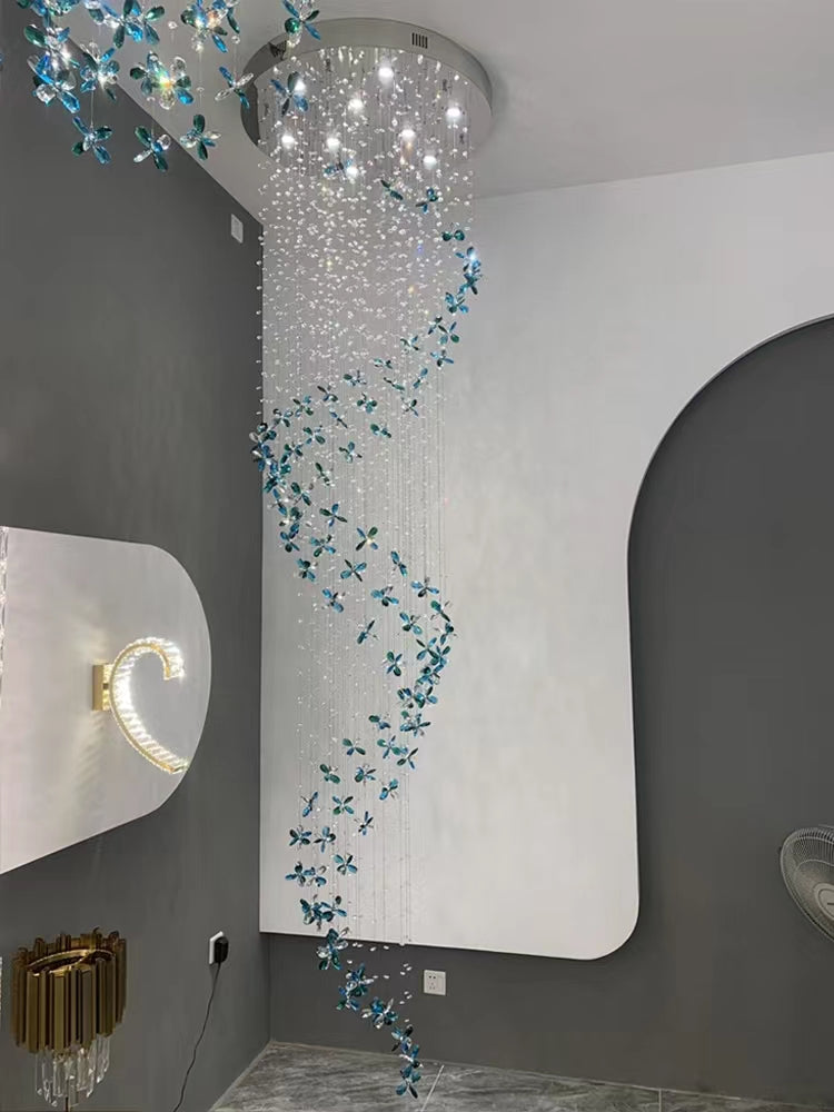 Extra Large Flower Petal Crystal Pendant Long Cascade Spiral Chandelier for Staircase