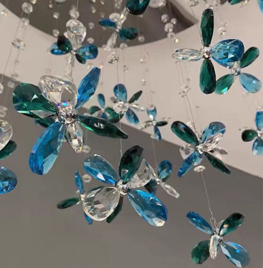 Extra Large Flower Petal Crystal Pendant Long Cascade Spiral Chandelier for Staircase