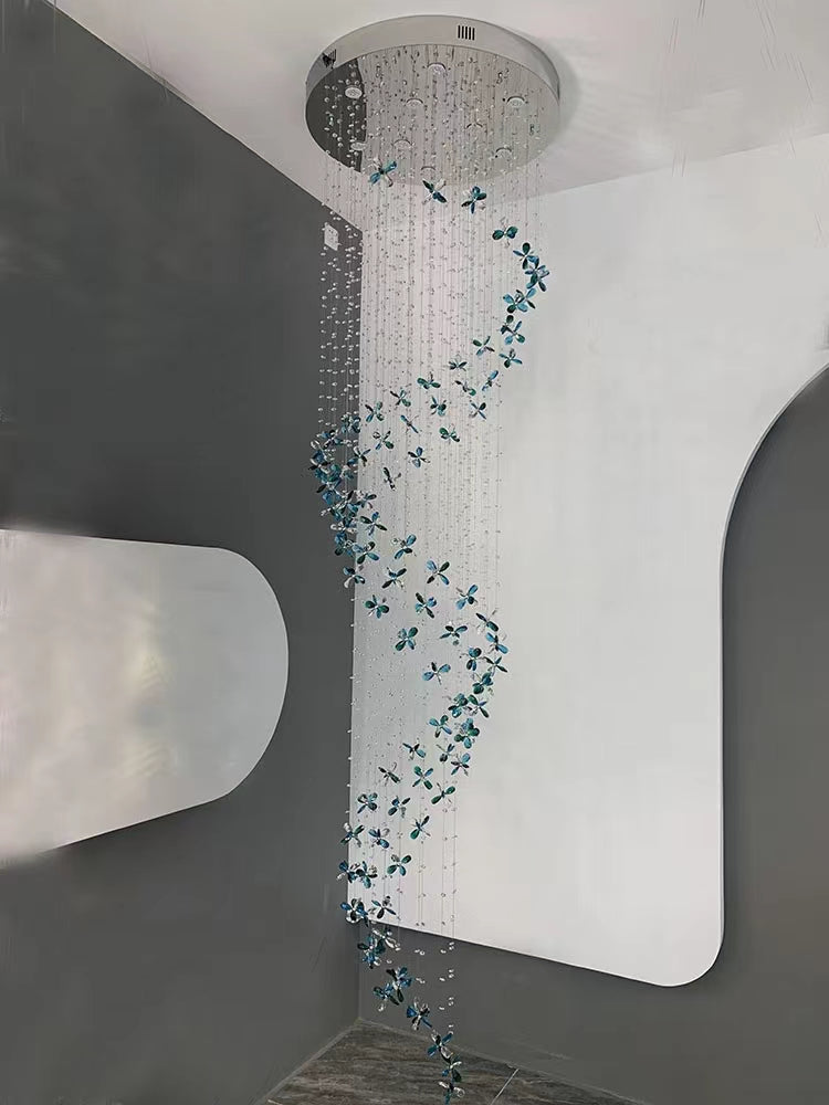 Extra Large Flower Petal Crystal Pendant Long Cascade Spiral Chandelier for Staircase