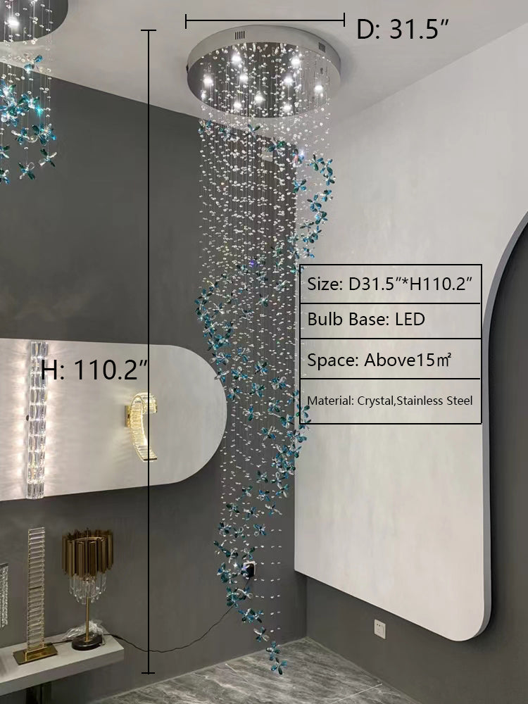 Extra Large Flower Petal Crystal Pendant Long Cascade Spiral Chandelier for Staircase
