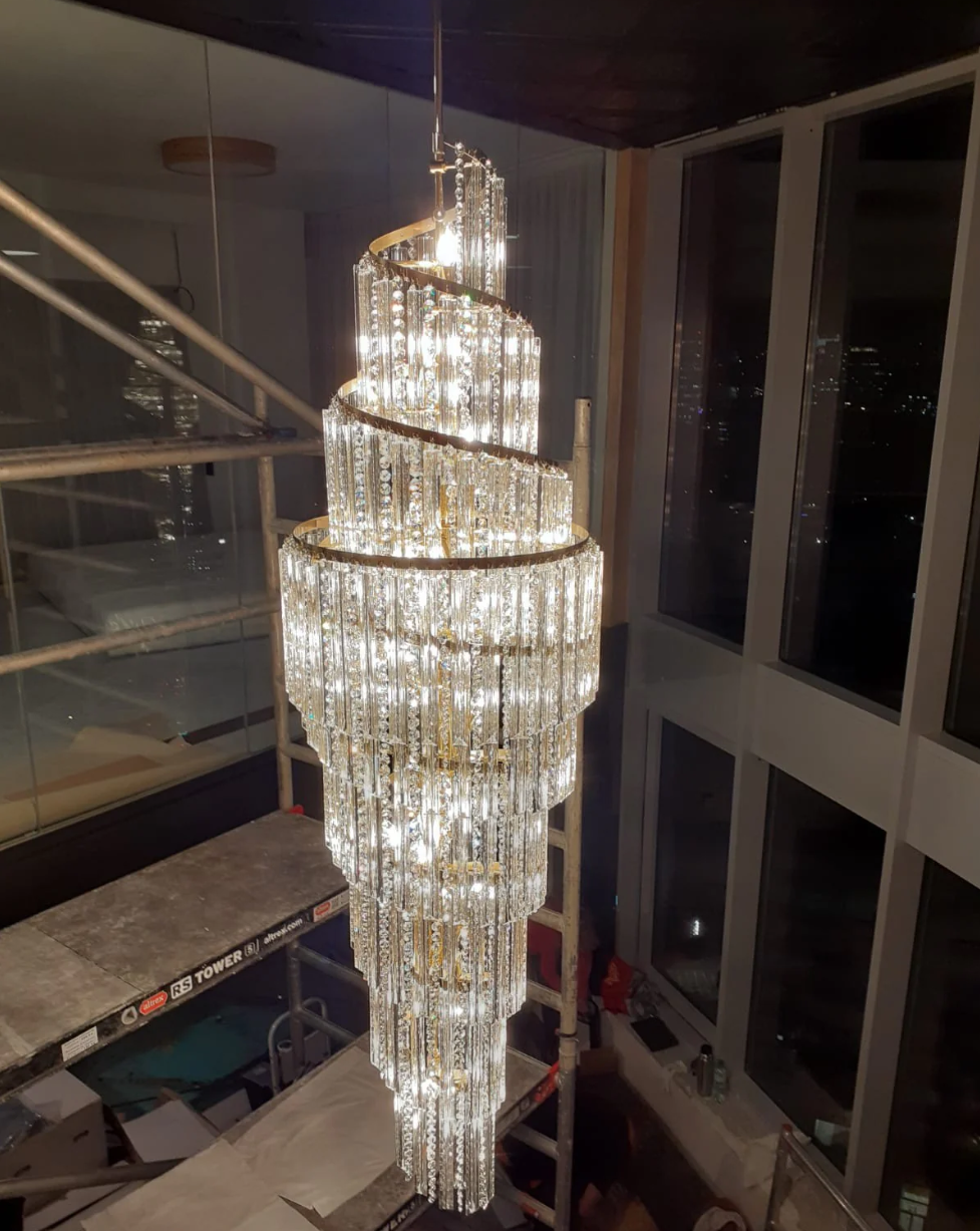 Extra Large Modern Cascade Spiral Decorative Silver/Gold Crystal Chandelier Art Foyer/Staircase Light Fixture