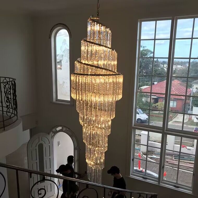 Extra Large Modern Cascade Spiral Decorative Silver/Gold Crystal Chandelier Art Foyer/Staircase Light Fixture