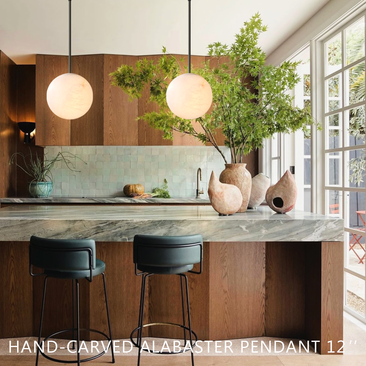 Hand Carved Alabaster Globe Pendent