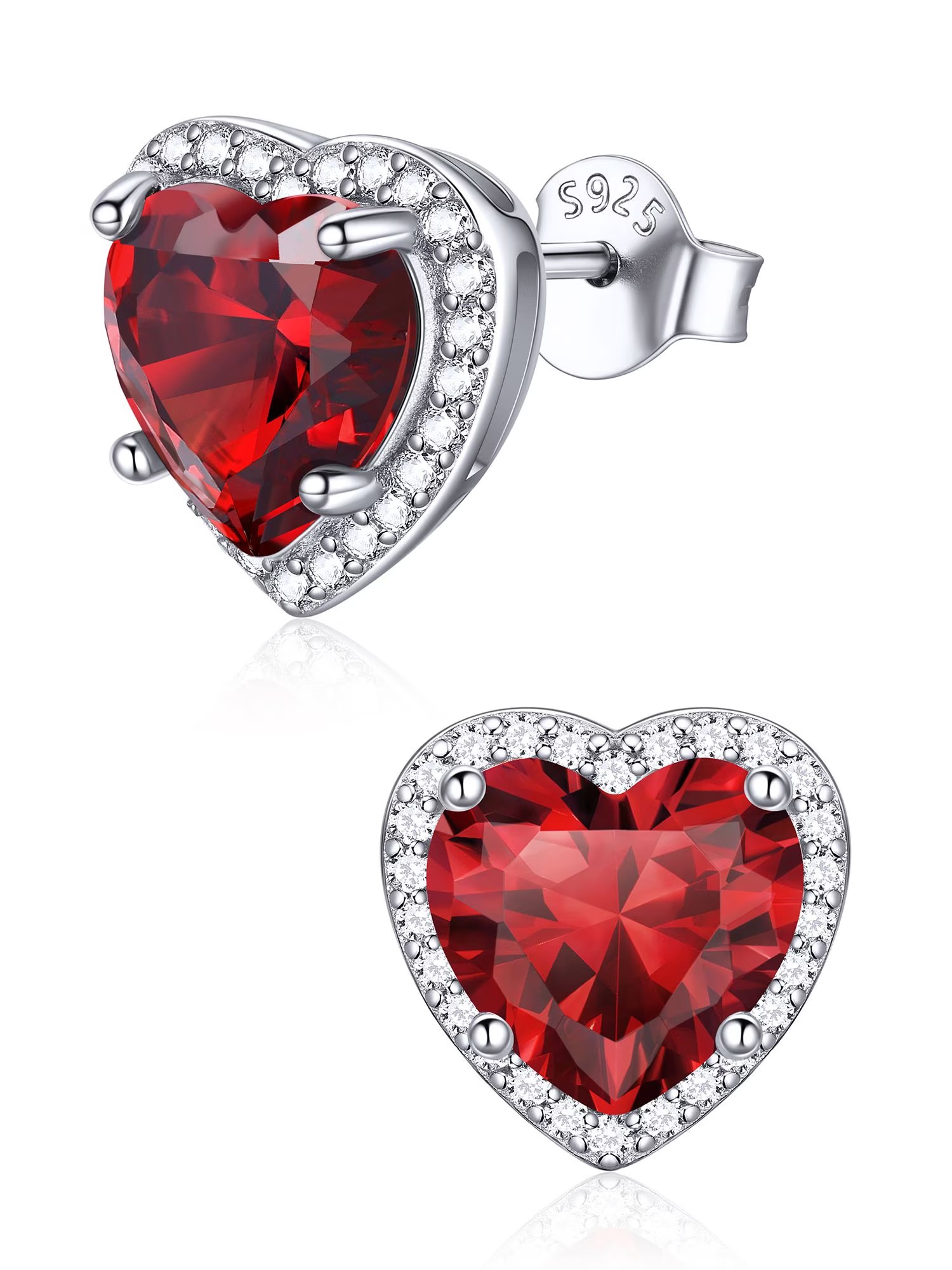 ChicSilver 925 Sterling Silver Birthstone Earrings for Women, January Garnet 8MM/2 Carat Heart CZ Stud Earrings, Birthday Jewelry Gift for Her