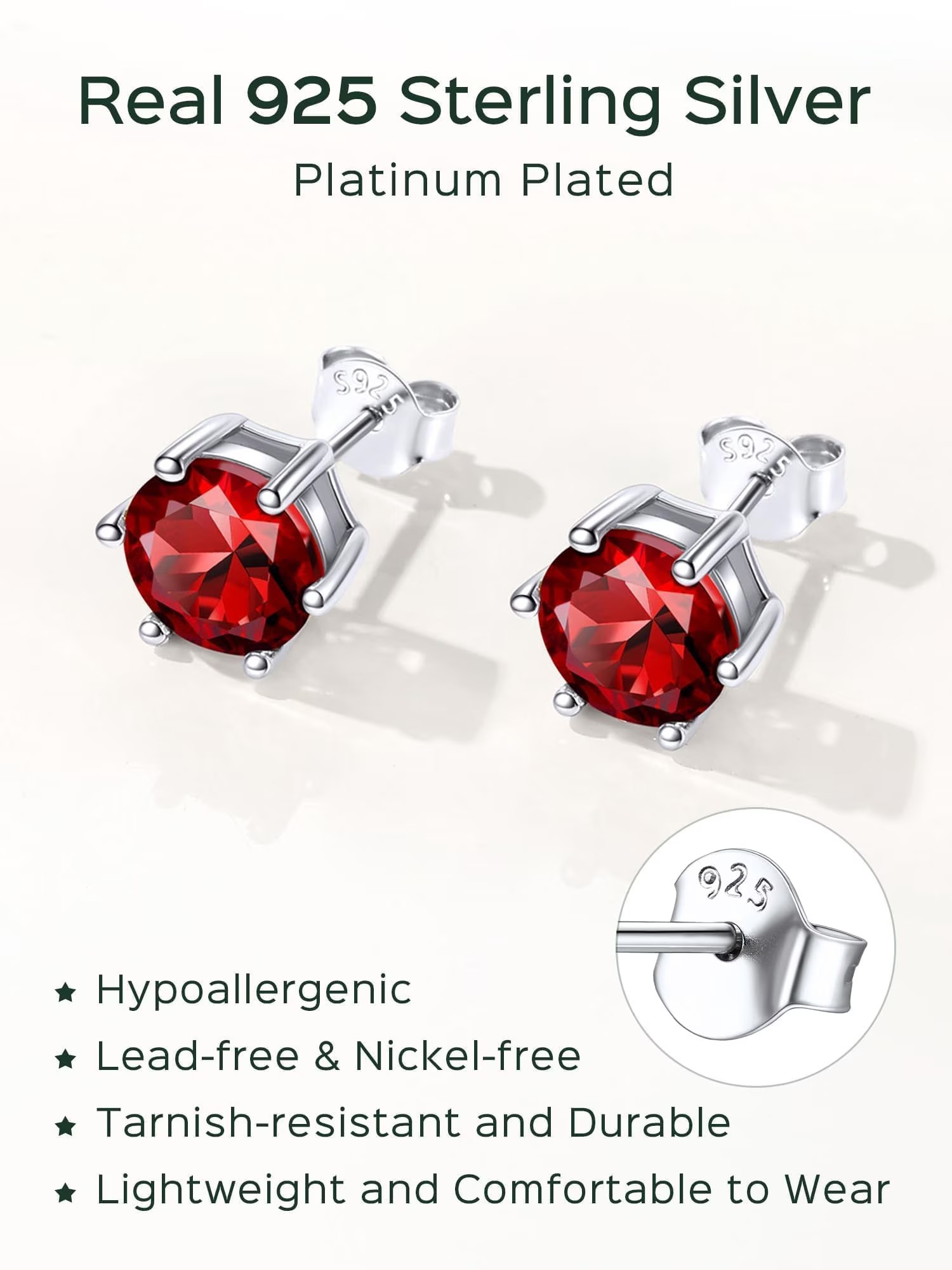 ChicSilver 925 Sterling Silver Simulated Garnet Birthstone Stud Earrings for Women, 8MM / 2Carat Round Cut Hypoallergenic Birthday Gift for Her