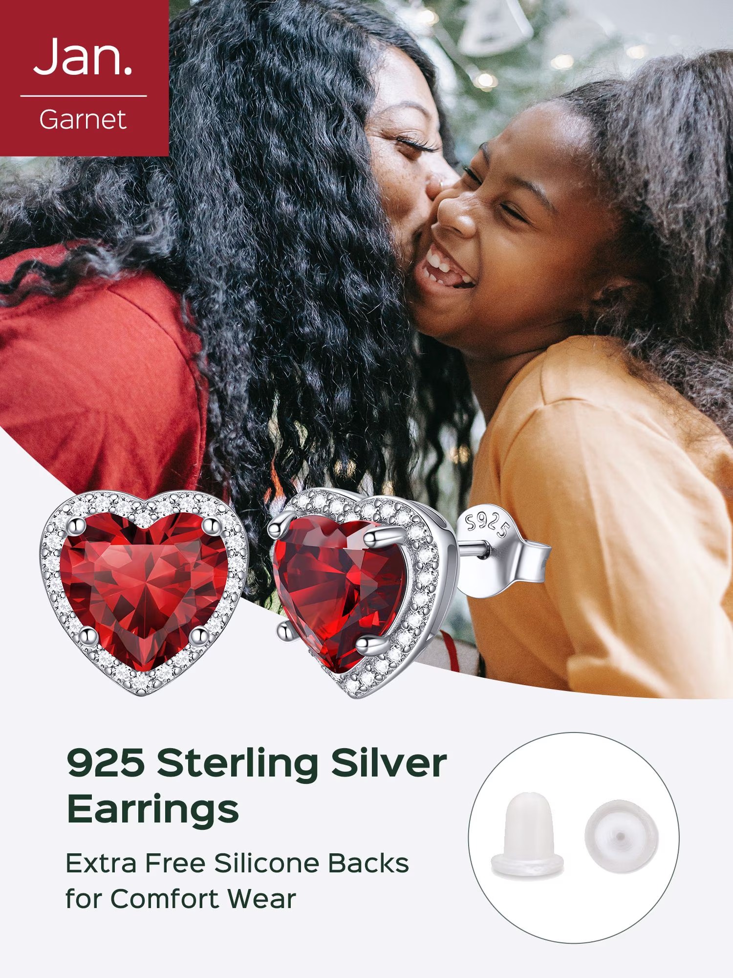 ChicSilver 925 Sterling Silver Birthstone Earrings for Women, January Garnet 8MM/2 Carat Heart CZ Stud Earrings, Birthday Jewelry Gift for Her