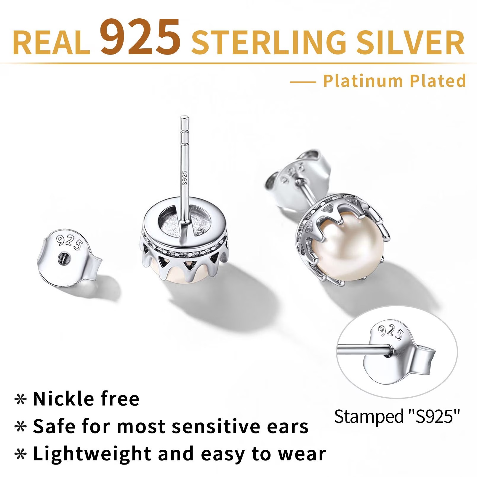 ChicSilver Pearl Earrings for Women 4mm Freshwater Cultured White Button Pearl Stud Earrings 925 Sterling Silver