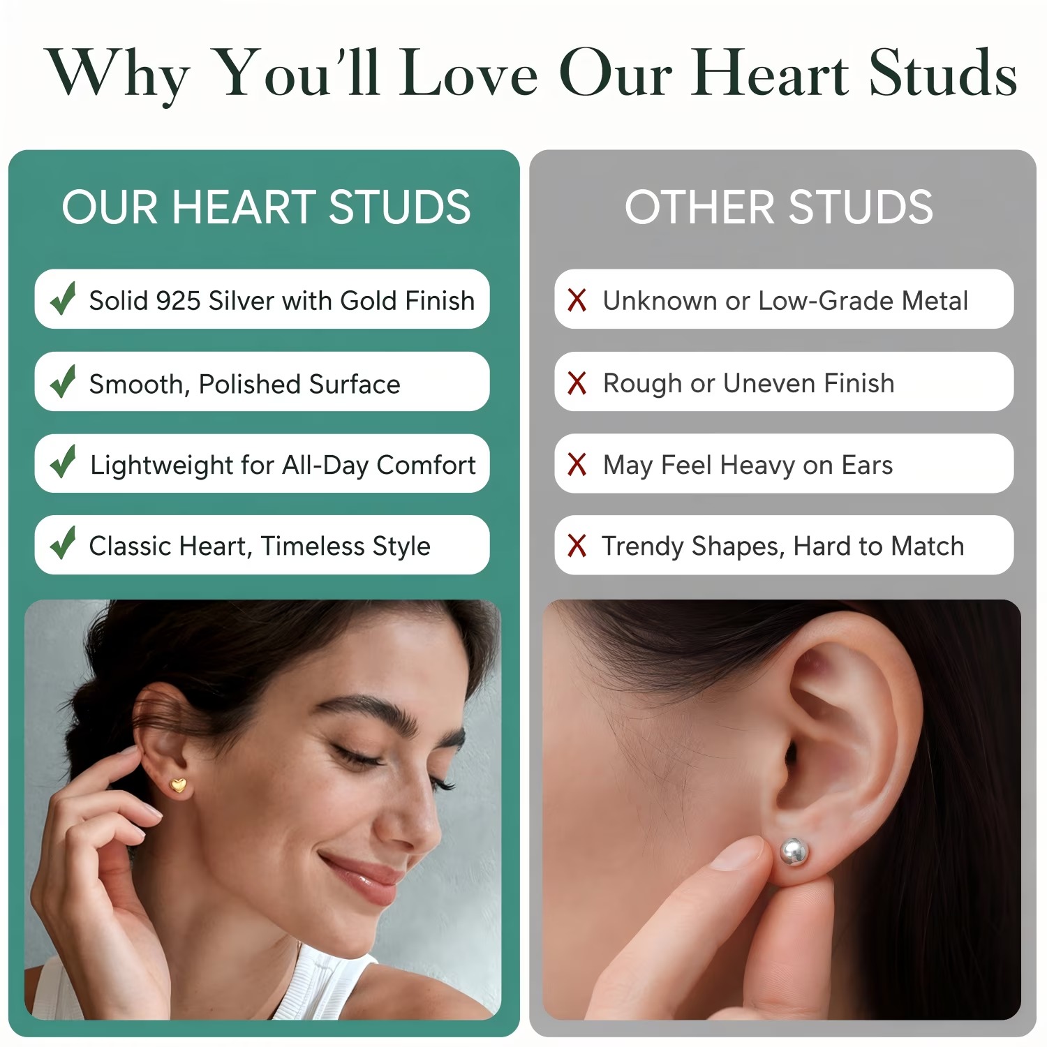 ChicSilver 925 Sterling Silver Heart Stud Earrings for Women, Dainty Small Heart Earrings for Birthday Valentine's Day Gift