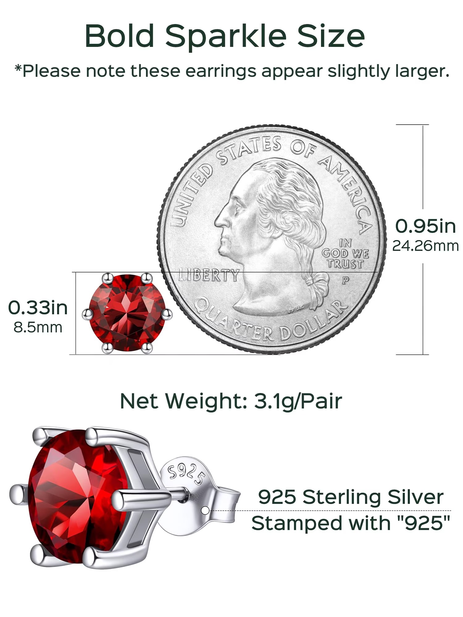 ChicSilver 925 Sterling Silver Simulated Garnet Birthstone Stud Earrings for Women, 8MM / 2Carat Round Cut Hypoallergenic Birthday Gift for Her